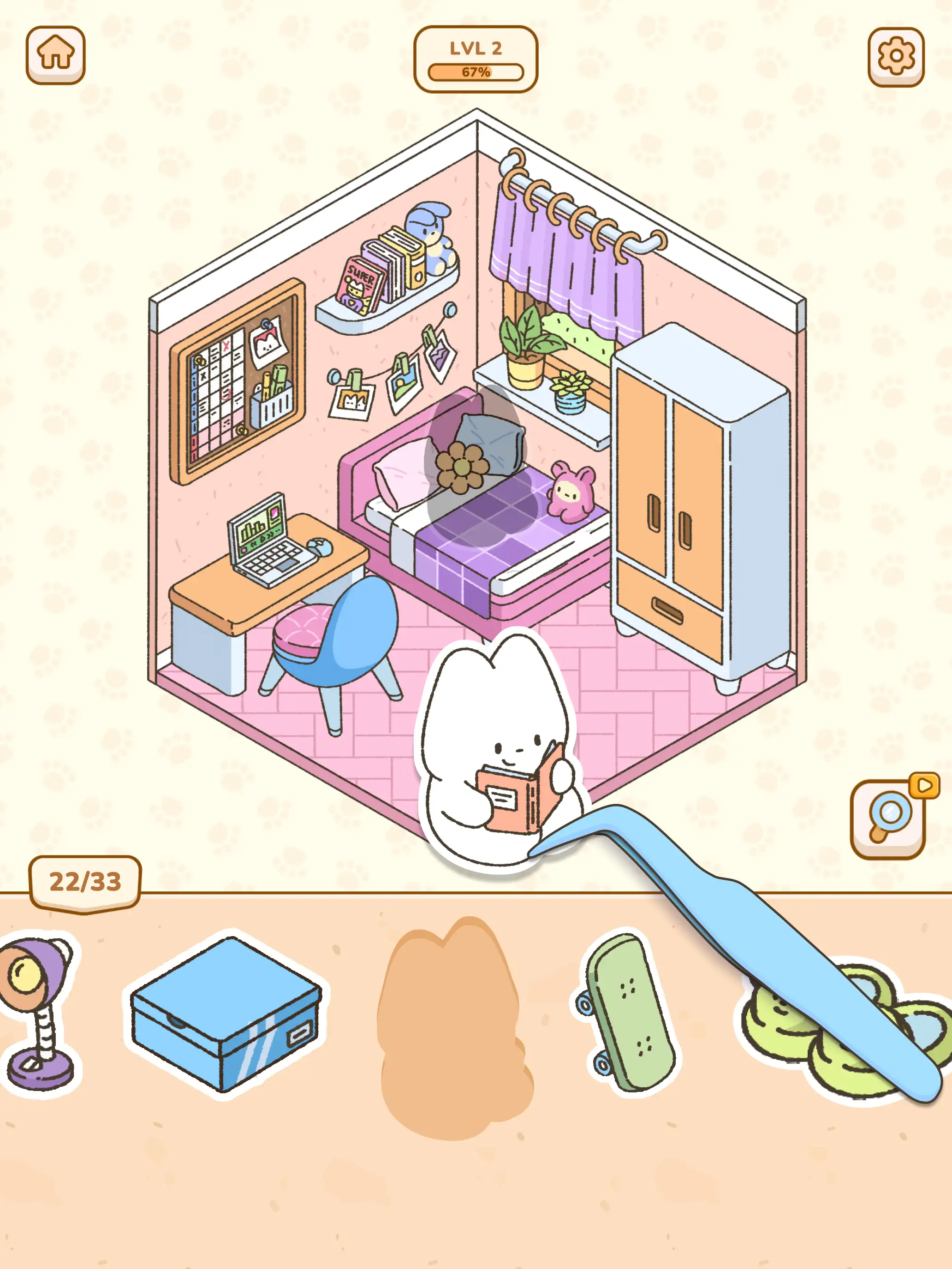 A close-up of a decorated cafe scene with a friendly animated cat in My Sticker Room