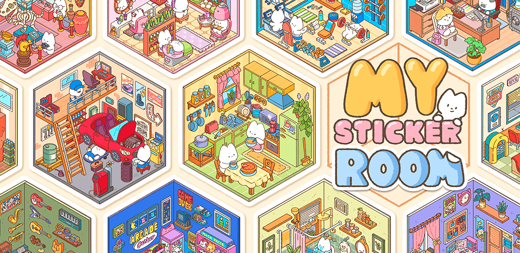 A delightful scene from My Sticker Room featuring a decorated living room with charming animal stickers